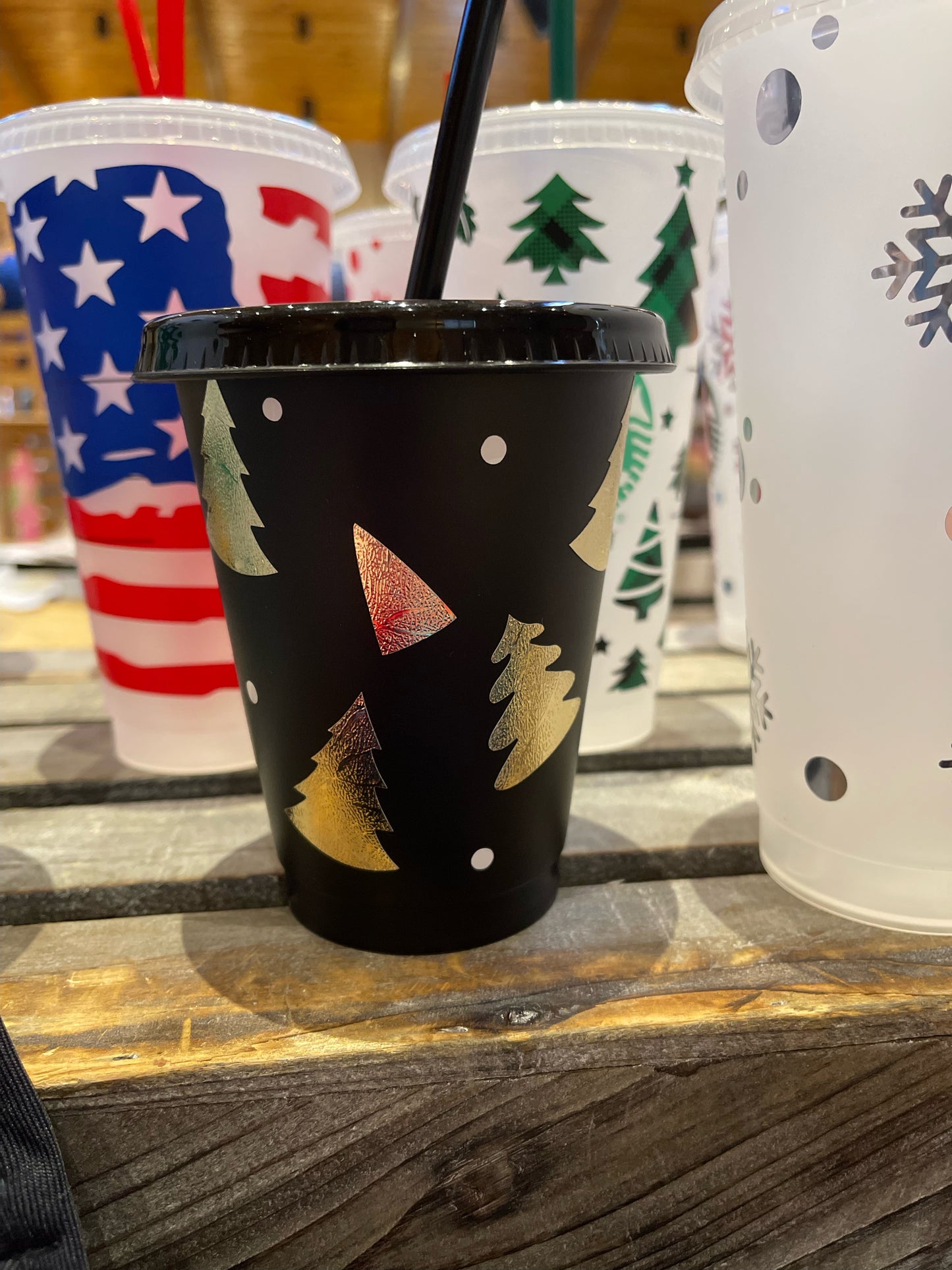 Gold Christmas Tree Black Plastic Cup- small kids cup