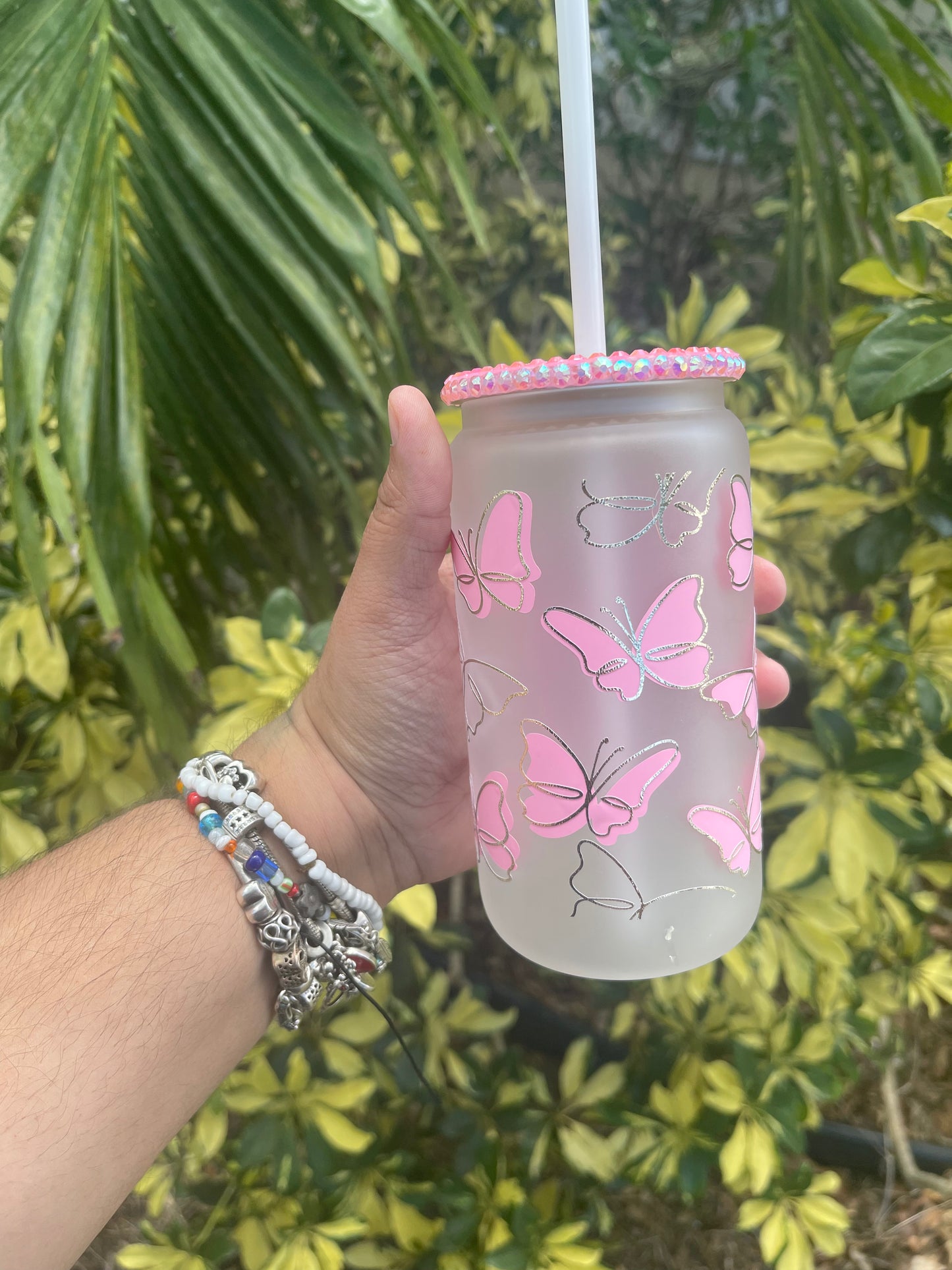 Pink Butterfly Glass Cup