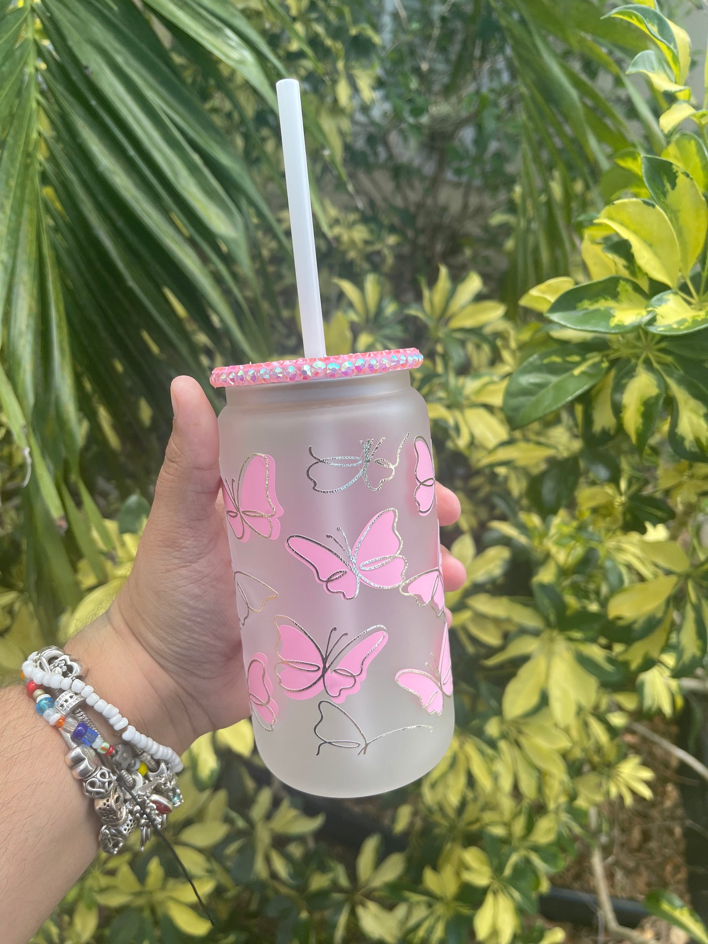 Pink Butterfly Glass Cup