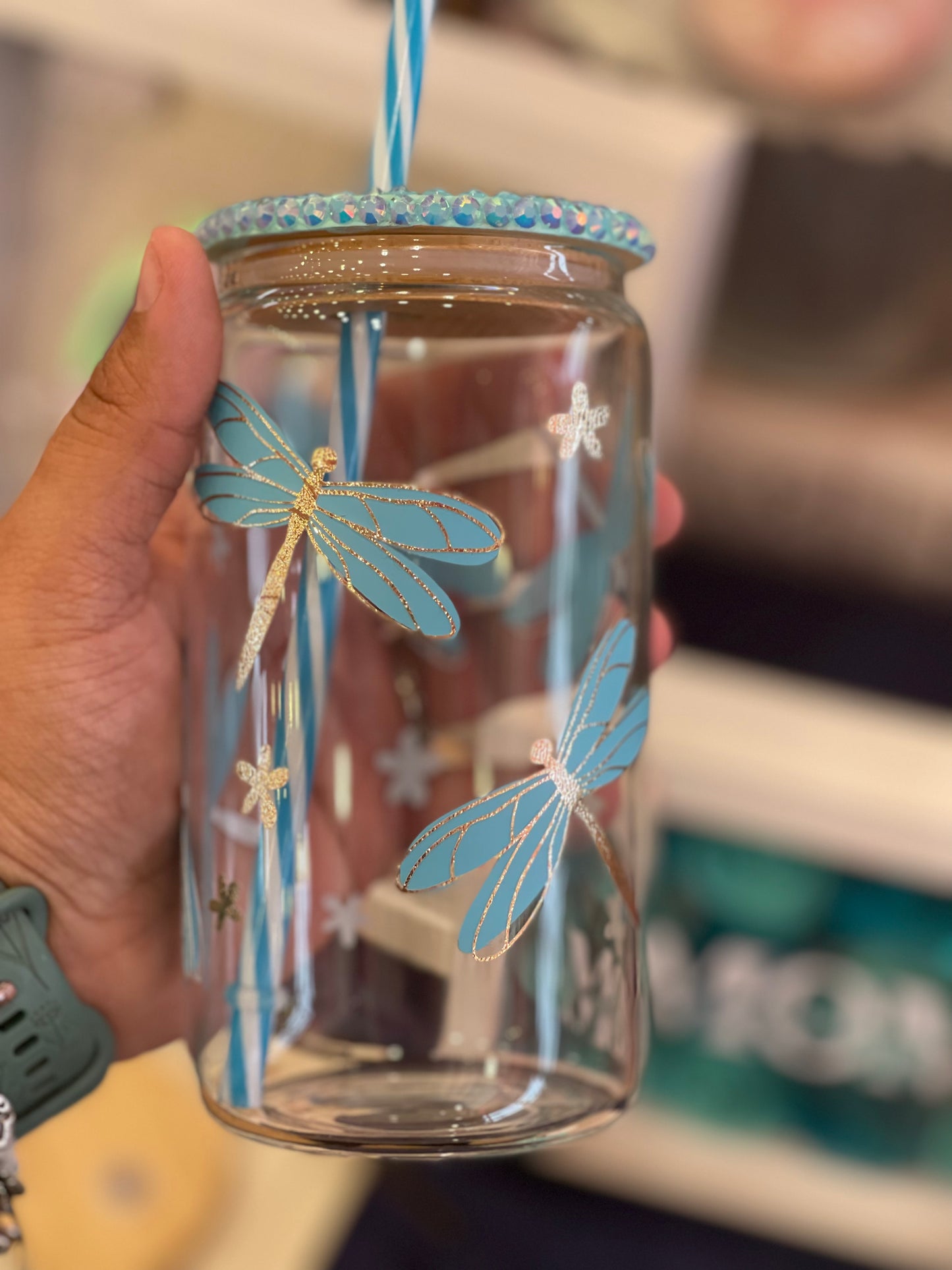 Blue Dragonfly Glass Cup