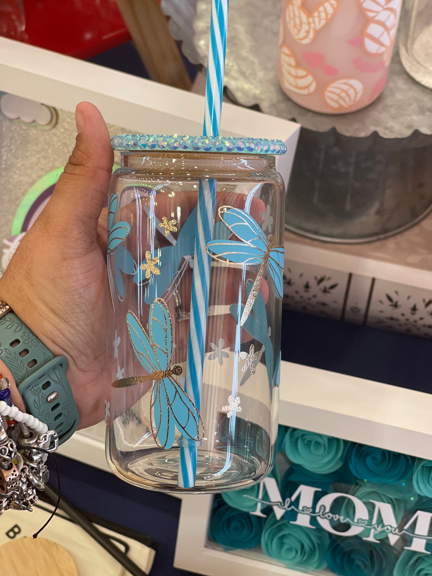 Blue Dragonfly Glass Cup