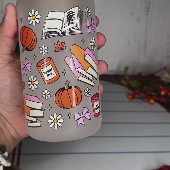 Custom fall cup, fall themed glass cups, fall themed beer glass, pumpkin spice cup, book and pumpkins themed cup, fall themed tumbler, fall themed cute cup, cute fall cup with pink lid, cute cup for iced coffee, cute cup for coffee lover