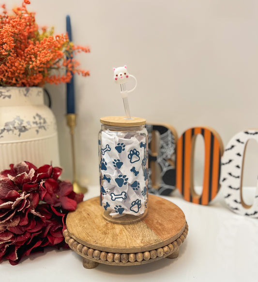 Blue Paw and bone Glass Cup- with Bamboo Lid