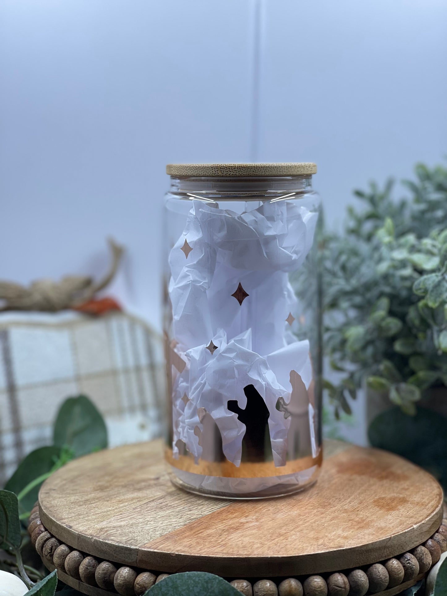 Nativity Scene Glass Cup - with Bamboo Lid