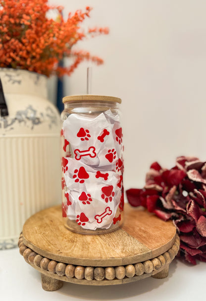 Red Paw and bone Glass Cup- with Bamboo Lid