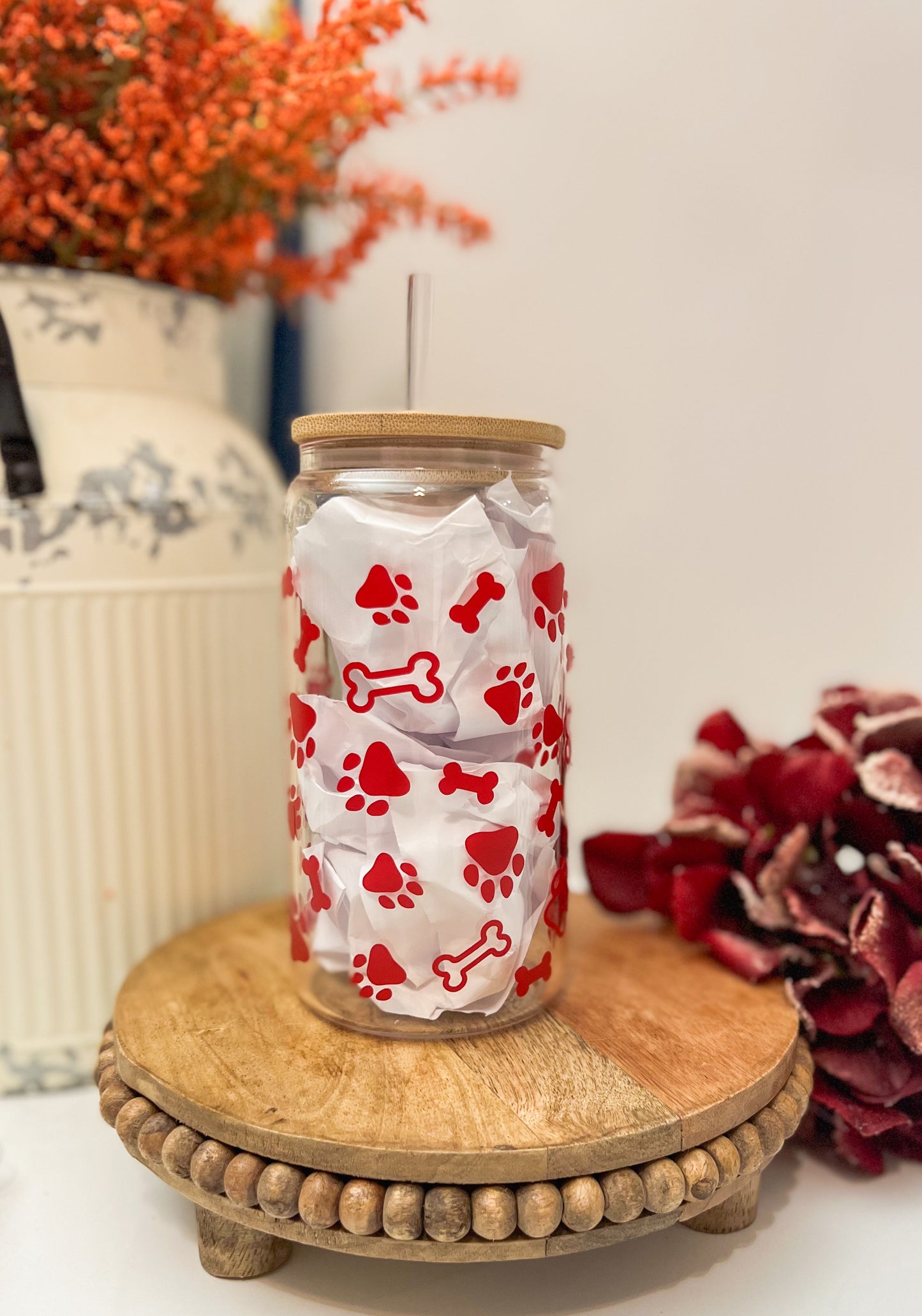 Red Paw and bone Glass Cup- with Bamboo Lid