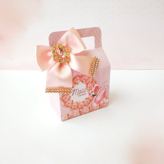 Luxury Flamingo Theme Box with handle. Flamingo themed Treat Boxes. Luxury Flamingo Party decor and gift boxes. Luxury favor boxes.