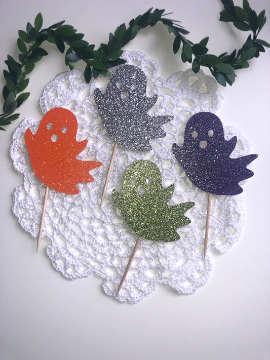Halloween Cupcake Toppers - Ghost Cupcake Toppers - Glitter Ghost Cupcake Toppers - Spooky Cupcake Toppers- Cupcake Toppers